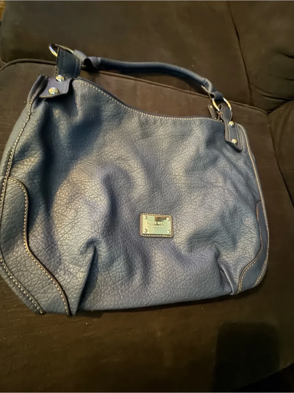 Nine West Dark Blue Pebbled Leather Hobo with Gold Accents